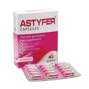 Astyfer Capsule is used for Iron deficiency anemia, Liver protection, Iron deficiency anaemia, Cardiovascular diseases, Allergic reactions, Herpes simplex infections, Skin prick testing, Enlarged prostate gland, Mental disorder, Ischemic stroke and other conditions. Astyfer Capsule may also be used for purposes not listed here. Astyfer Capsule contains Fe Fumarate, Glycine, Histamine, Lysine and Thiamine as active ingredients. Astyfer Capsule works by producing blood cells and platelets in the body; producing a hard rash wheal, which may be surrounded by a red area indicating a positive response and negative control usually does not cause any rejection; inhibiting viral replication; transmitting the chemical signals in the brain; relaxing the nerve signals to the brain;