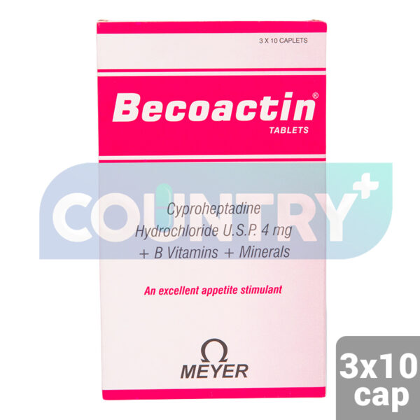 Becoactin Tablet is used for Perennial and seasonal allergic rhinitis, Vasomotor rhinitis, Allergic conjunctivitis due to inhalant allergens and foods, Allergic reactions to blood or plasma, Cold urticaria, Dermatographism, Mineral deficiencies, Pregnancy related mineral deficiency, Minerals related poor nutrition, Digestive disorders and other conditions. Becoactin Tablet may also be used for purposes not listed in this medication guide. Becoactin Tablet contains Cyproheptadine, Minerals and Vitamins as active ingredients. Becoactin Tablet works by blocking the action of histamine; maintaining fluid balance within body cells and acidity levels; slowing down the processes that damage cells.