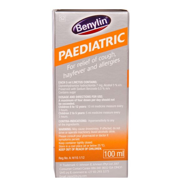 Benylin Paediatric Cough Syrup 100ml is used for temporary relief of coughs without phlegm that are caused by certain infections of the air passages (e.g., sinusitis, common cold). This product should not usually be used for an ongoing cough from smoking or long-term breathing problems (e.g., chronic bronchitis, emphysema) unless directed by your doctor. This product contains dextromethorphan. It is a cough suppressant that works by decreasing the feeling of needing to cough.