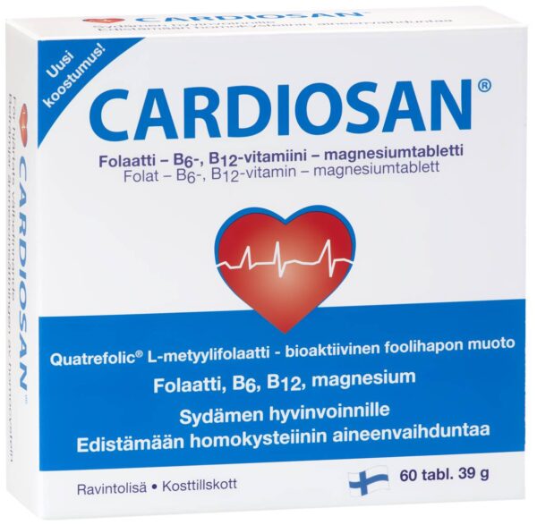 Cardiosan contains magnesium and three B vitamins: folic acid, vitamins B6, B12. Magnesium helps reduce fatigue and weakness, and also contributes to the normal functioning of the nervous system. Folic acid, vitamins B12 and B6 contribute to the normal metabolism of homocysteine ​​in the body. Recommended for men over 30 years old, women after menopause and athletes. It can be used continuously.