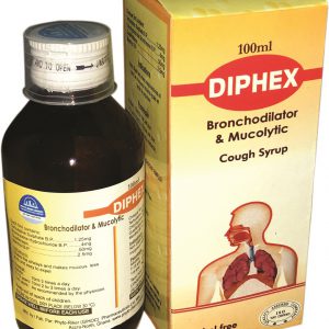Diphex Bronchodilator And Mucolytic Cough Syrup contains Bromhexine, Guaifenesin, Menthol and Terbutaline as active ingredients. Diphex Bronchodilator And Mucolytic Cough Syrup works by increasing the viscid or excessive mucus in respiratory tract thus making phlegm thinner; reducing the phlegm in the air passages; temporarily relieving minor pain; relaxing and opening the airways;