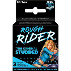 Maximize the pleasure with more stimulating, satisfying studs. Rough Rider Studded condoms are specially lubricated for heightened sensation. Featuring a natural color and low latex scent.