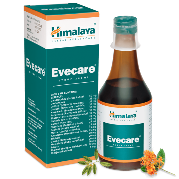 Himalaya Evecare Syrup is indicated in the treatment of premenstrual syndrome and dysfunctional uterine bleeding. It helps treat menstrual disorders like heavy bleeding, irregular periods and abdominal cramps. It can be consumed for increasing the level of hemoglobin, regulating reproductive function and also treating anemia due to uterine disorders. It is also recommended for general weakness in women.