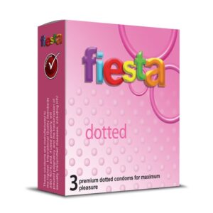 Rise to the sensation with Fiesta Dotted Condoms, made with over 500 sensitive embossed dots for extra pleasure. Just do your best and allow her to connect the dots. Your confidence and pleasure are guaranteed with Fiesta Dotted condoms. Fiesta condoms are manufactured to meet the highest international quality standards. Try a Fiesta Condom today for an exciting experience. With the full range of Fiesta Condoms, you and your partner will create memorable erotic experiences. Whenever you use Fiesta condoms, you get to be protected (sexually transmitted diseases including HIV and pregnancy) and you enjoy pleasure every time.