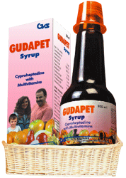 Gudapet Syrup is used for Physiological stress, Perennial and seasonal allergic rhinitis, Vasomotor rhinitis, Allergic conjunctivitis due to inhalant allergens and foods, Allergic reactions to blood or plasma, Cold urticaria, Dermatographism, Nutritional deficiency and other conditions. Gudapet Syrup may also be used for purposes not listed in this medication guide. Gudapet Syrup contains Cyproheptadine and Multivitamins as active ingredients. Gudapet Syrup works by blocking the action of histamine; providing nutritional requirements of the body to maintain physiological balance.