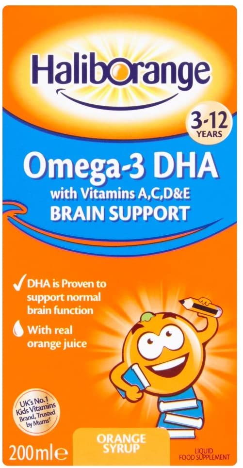 Haliborange Omega-3 syrup has been specially formulated to help support healthy brain function in growing children. The orange syrup tastes delicious and delivers essential Omega-3 fatty acids, including DHA, which help maintain normal brain function. Vitamin A supports normal vision. Vitamin C supports the immune system. Vitamin D essential for normal growth and development of bones in children. Vitamin E protects cells from oxidative stress (an antioxidant).