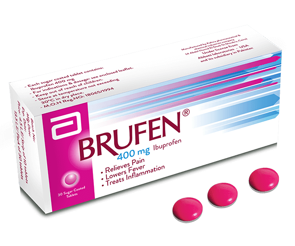 Brufen is indicated for its analgesic and anti-inflammatory effects in the treatment of rheumatoid arthritis (including juvenile rheumatoid arthritis or Still's disease), ankylosing spondylitis, osteoarthritis and other non-rheumatoid (seronegative) arthropathies. In the treatment of non-articular rheumatic conditions, Brufen is indicated in periarticular conditions such as frozen shoulder (capsulitis), bursitis, tendonitis, tenosynovitis and low back pain; Brufen can also be used in soft tissue injuries such as sprains and strains. Brufen is also indicated for its analgesic effect in the relief of mild to moderate pain such as dysmenorrhoea, dental and post-operative pain and for symptomatic relief of headache, including migraine headache.