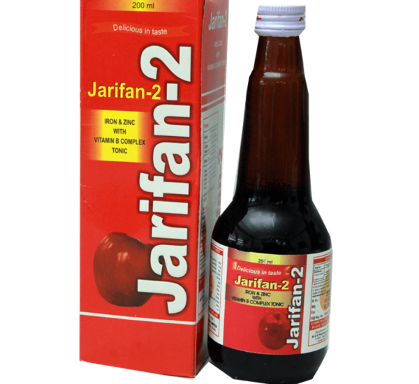 Jarifan-2 Syrup is used for Treatment of megaloblastic anemias due to a deficiency of folic acid, Treatment of anemias of nutritional origin, Pregnancy, Infancy, Or childhood, Anemia, Iron deficiency due to poor absorption and chronic blood loss, Vitamin b12 deficiency, Pernicious anemia, Diarrhea, Wilson's disease, Acne, Age related vision loss and other conditions. Jarifan-2 Syrup may also be used for purposes not listed in this medication guide. Jarifan-2 Syrup contains Folic Acid, Haemoglobin, Iron, Vitamin B12 and Zinc as active ingredients. Jarifan-2 Syrup works by acting on megaloblastic bone marrow to produce a normoblastic marrow; carrying oxygen from the lungs to the body's tissues; helping red blood cells to deliver oxygen to all over the body; treating vitamin B12 deficiency; regulating the intestinal fluid transport, mucosal integrity, immunity, gene expression and oxidative stress.