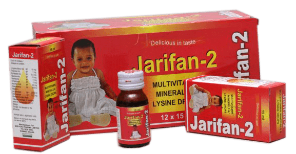 Jarifan-2 Oral Drops contains Amino Acids, Minerals and Multivitamins as active ingredients. Jarifan-2 Oral Drops works by promoting protein synthesis and wound healing; maintaining fluid balance within body cells and acidity levels; providing nutritional requirements of the body to maintain physiological balance;